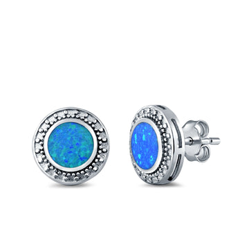 Round Stud Earrings Lab Created Blue Opal 925 Sterling Silver (12mm)